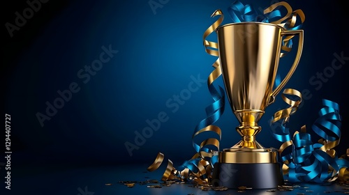 Obraz na płótnie Victorious golden trophy cup with shiny metallic finish surrounded by colorful confetti and celebratory streamers symbolizing corporate achievement success and w salonie