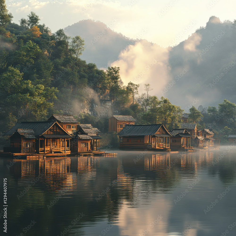 Naklejka premium A peaceful floating village in a misty mountain lake, wooden houses reflecting on calm waters, golden morning light, traditional and ultra-detailed realism.