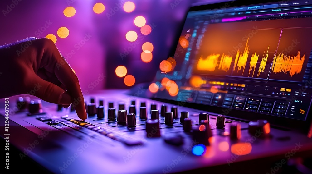 Warm and Inviting Home Audio Studio Setup with Soft Lighting Hand Adjusting Mixing Console and Laptop Displaying Audio Software Perfect for Remote Podcast Production and Sound Engineering