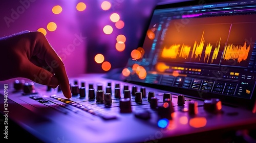 Obraz na płótnie Warm and Inviting Home Audio Studio Setup with Soft Lighting Hand Adjusting Mixing Console and Laptop Displaying Audio Software Perfect for Remote Podcast Production and Sound Engineering w salonie