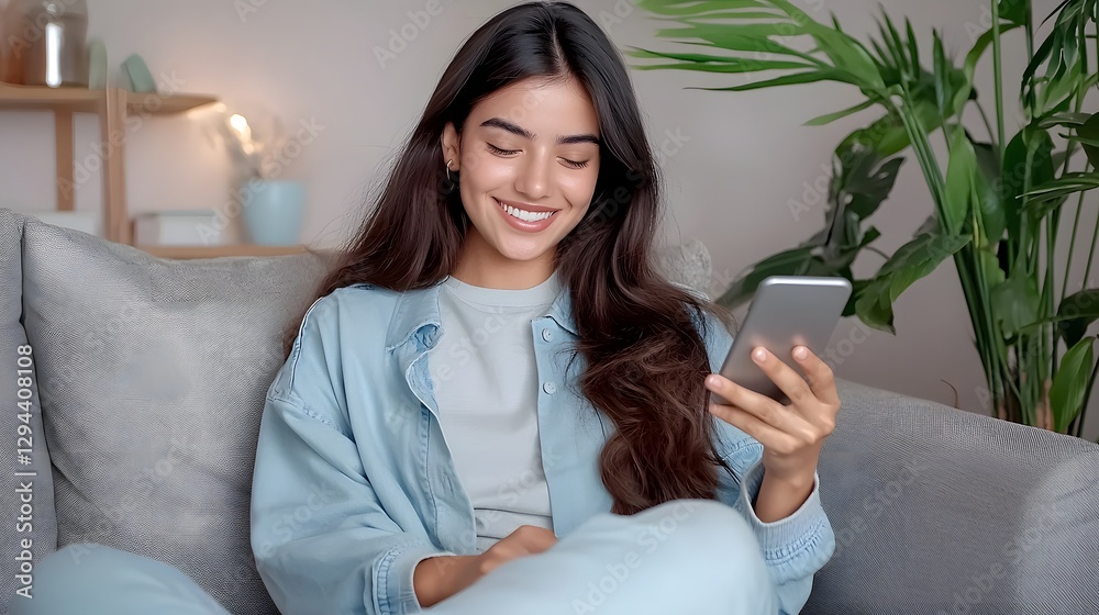 Young Hispanic Woman Relaxing on Cozy Sofa and Enjoying Online Shopping and Digital Content in Her Comfortable Home Environment