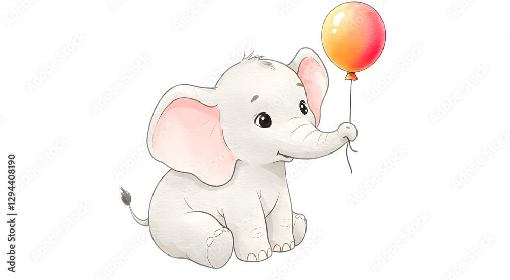 Cute baby elephant holding a balloon in watercolor style Cute baby elephant holding a balloon in watercolor style