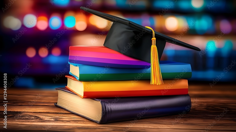 A creative composition of stacked books wrapped in pride flag colors with a classic black graduation cap resting on top Subtle lighting with a blurred academic setting in the background