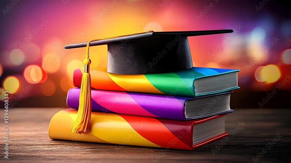 A creative composition showcasing stacked books wrapped in vibrant pride flag colors topped with a classic black graduation cap