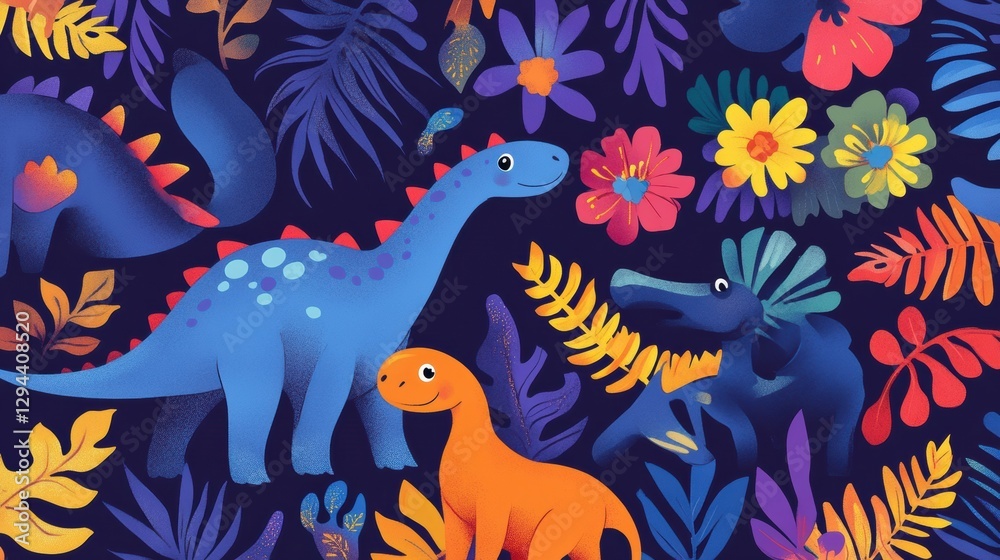 Colorful Cartoon Dinosaurs Surrounded by Vibrant Tropical Plants Colorful Cartoon Dinosaurs Surrounded by Vibrant Tropical Plants