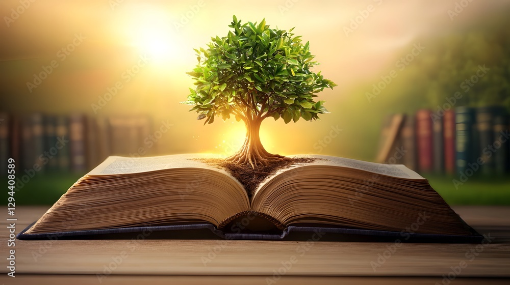 A majestic Tree of Knowledge rising from the pages of an open vintage book its branches glowing with wisdom and enlightenment surrounded by an endless library of timeless philosophical works
