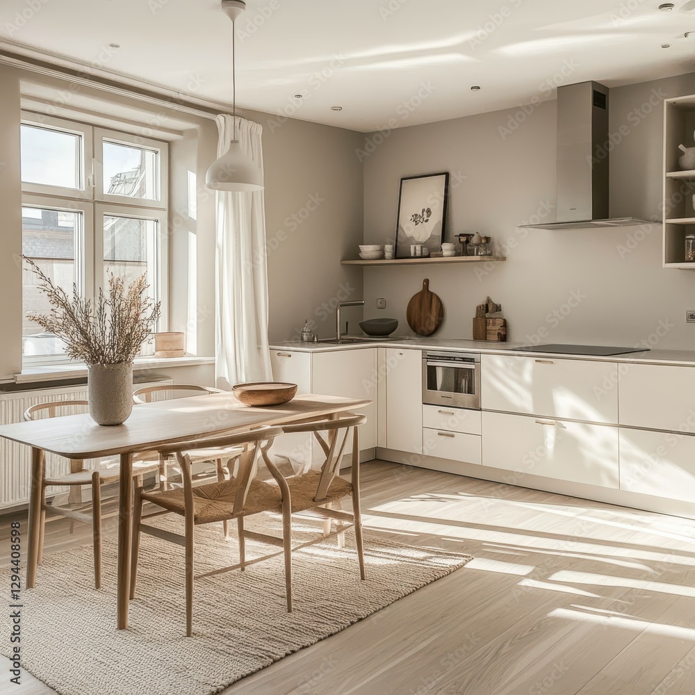 Fototapeta premium The dining room showcases an elegant interior space with bright light