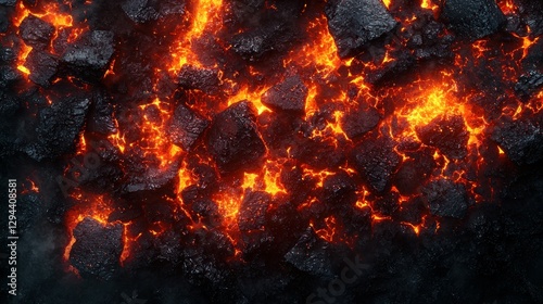Molten Lava Flowing Through Volcanic Rocks, Volcanic Eruption Background, Potential Use Abstract Background photo