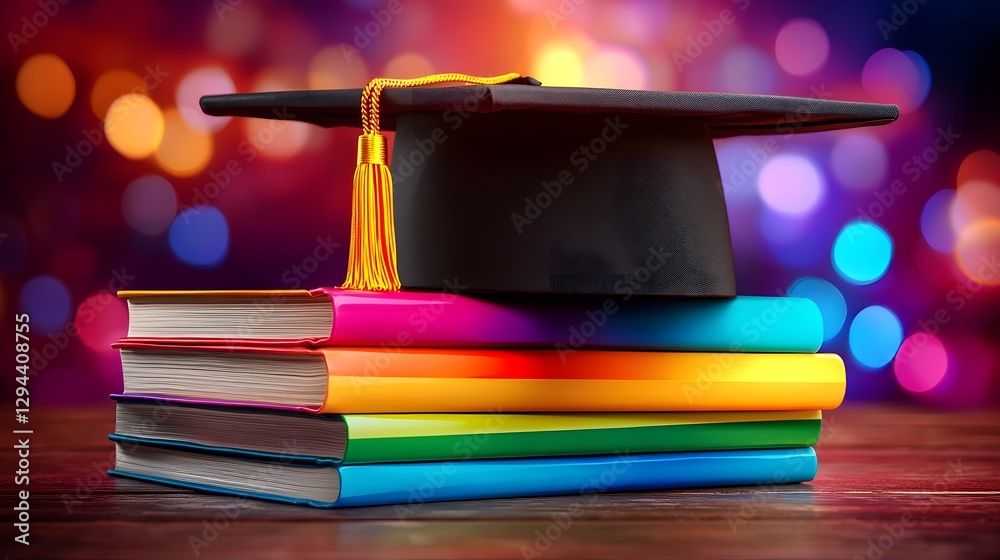 A neatly stacked pile of hardcover books wrapped in vibrant rainbow covers symbolizing LGBTQ pride and education topped with a black graduation cap The warm