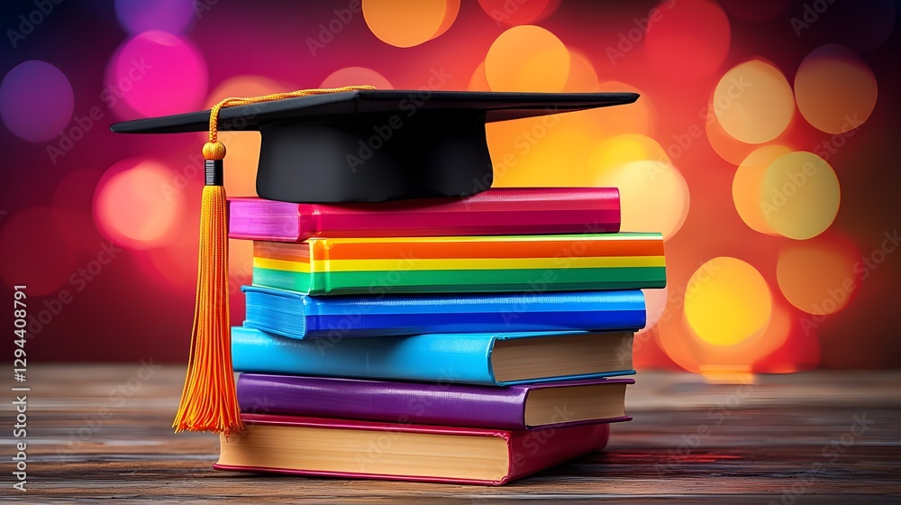 A neatly stacked pile of vibrant rainbow colored hardcover books symbolizing LGBTQ pride and the importance of education topped with a black graduation cap The warm