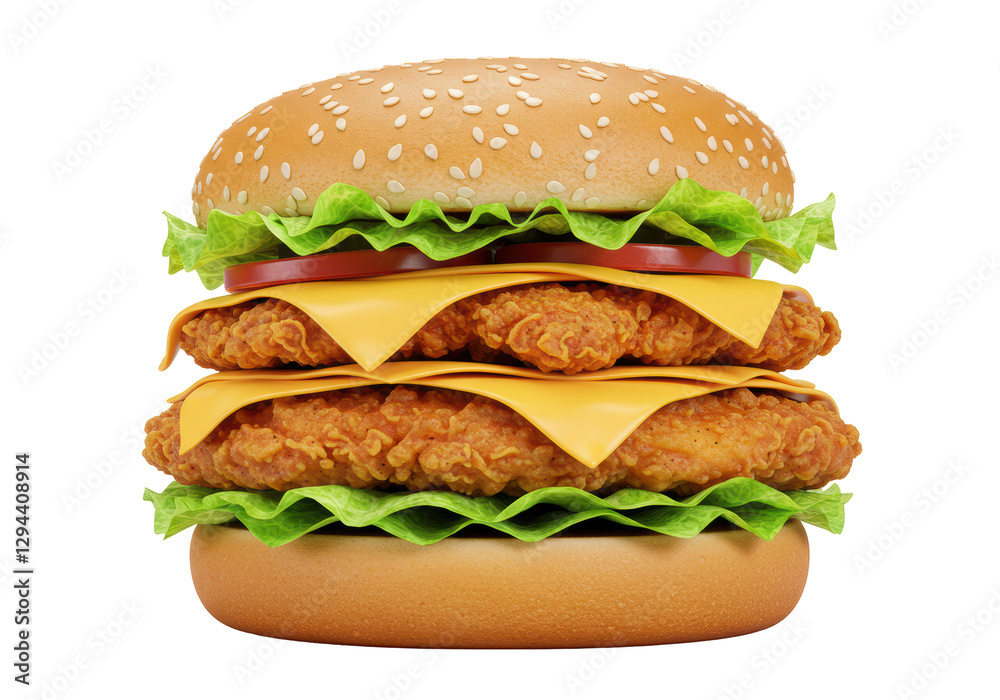 Isolated Double Chicken Burger with Cheese and Lettuce Isolated Double Chicken Burger with Cheese and Lettuce
