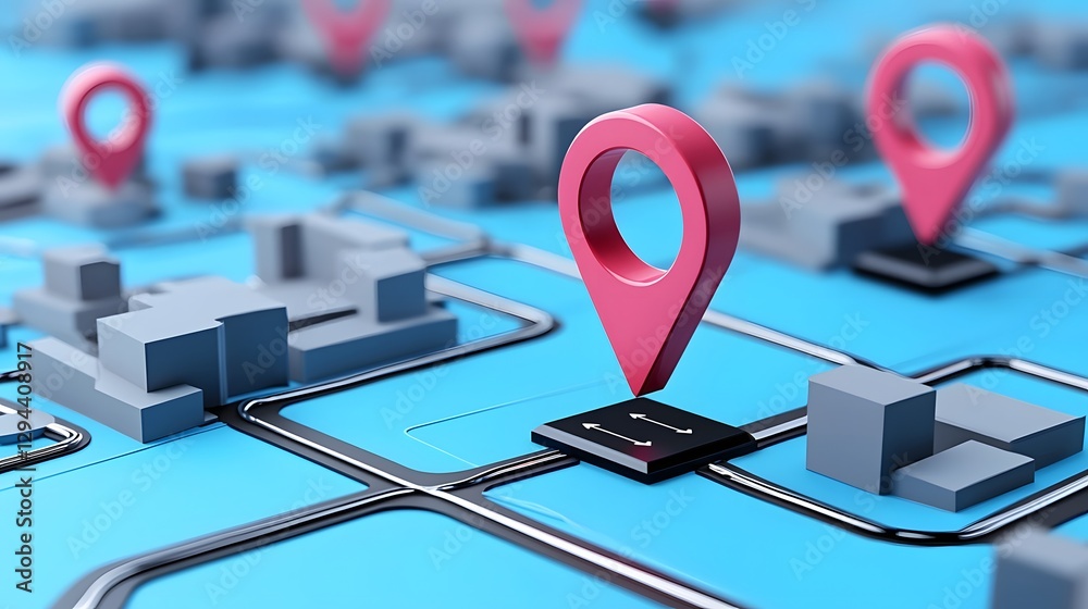 Abstract digital 3D city map with floating location pins glowing pathways and a sleek search bar overlay visualizing advanced navigation systems and urban infrastructure connectivity