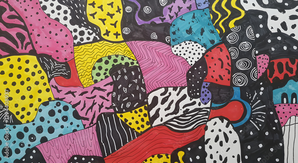 Naklejka premium Colorful abstract doodle pattern with bold shapes and textures