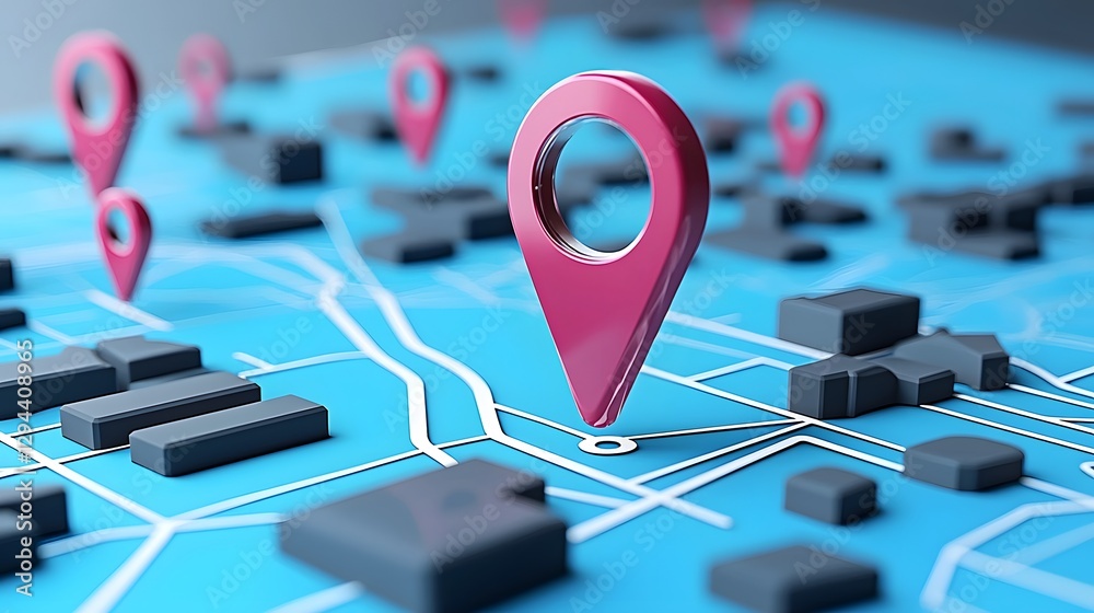 Abstract digital 3D city map with floating location pins glowing pathways and a sleek search bar overlay visualizing advanced navigation systems and connectivity for urban planning and transportation