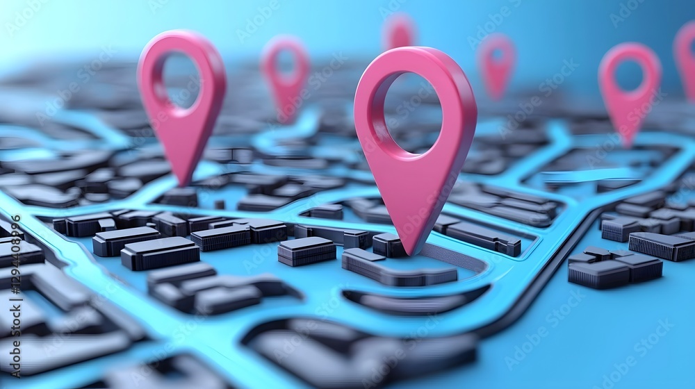 Abstract Digital 3D City Map with Floating Location Pins Glowing Pathways and Sleek Search Bar Overlay Visualizing Advanced Navigation Systems