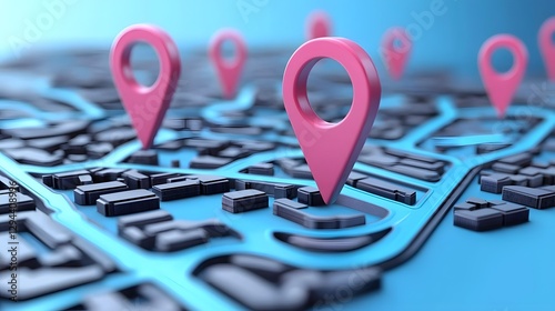 Obraz na płótnie Abstract Digital 3D City Map with Floating Location Pins Glowing Pathways and Sleek Search Bar Overlay Visualizing Advanced Navigation Systems w salonie
