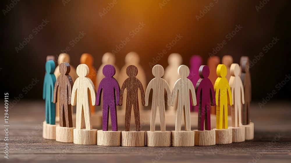 Abstract of diverse wooden human figures standing in an inclusive circle showcasing the concepts of diversity equal opportunity and a sense of belonging