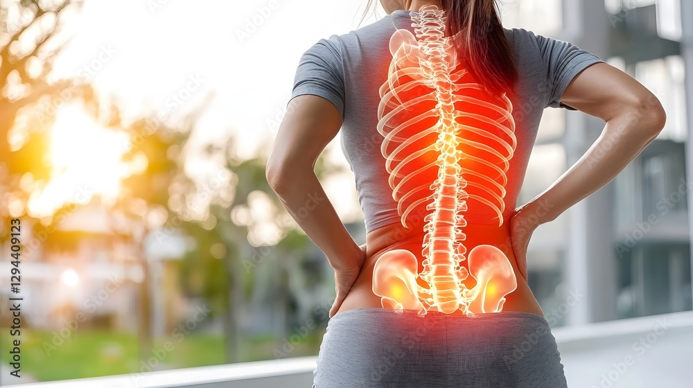 Abstract medical depicting a transparent spine with red glowing discs highlighting herniated disc and muscle inflammation issues