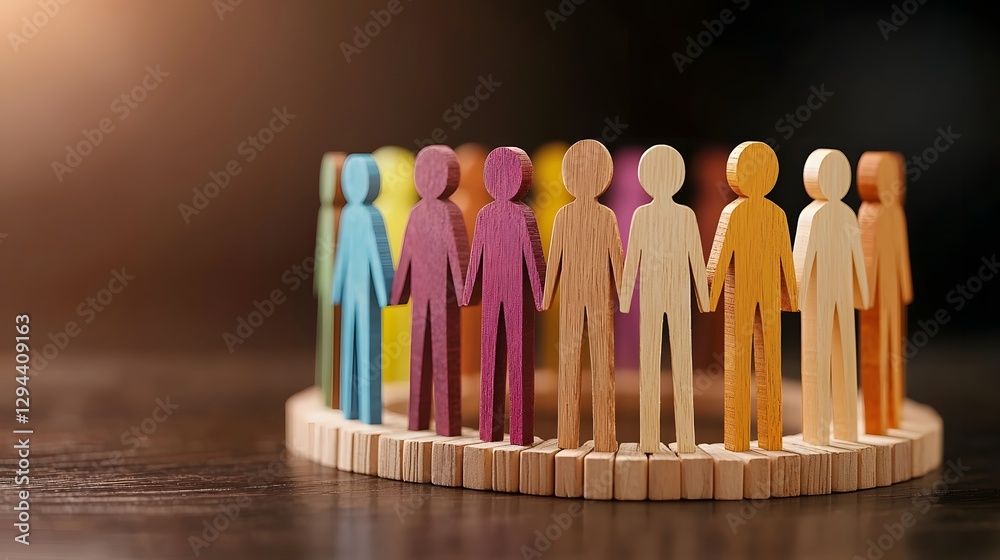 Abstract representation of inclusion with a circle of wooden human figures standing together in unity and Soft shadows and selective focus highlight the concept of belonging teamwork and community