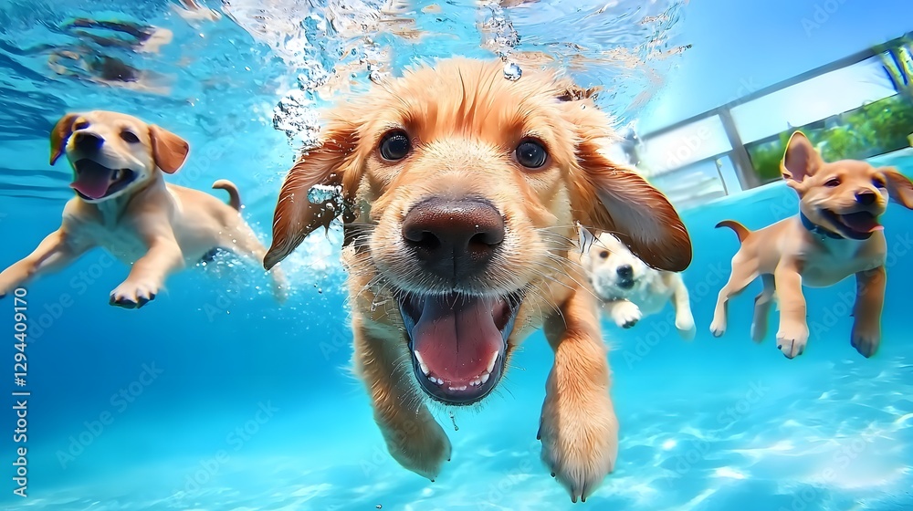 Adorable puppies excitedly diving swimming and frolicking underwater showcasing their energetic and spirited summer playtime and bonding moments in a refreshing aquatic setting