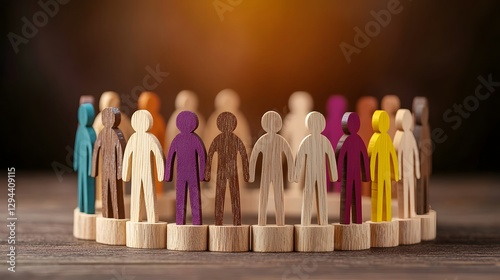 Obraz na płótnie Abstract of diverse wooden human figures standing in an inclusive circle showcasing the concepts of diversity equal opportunity and a sense of belonging w salonie