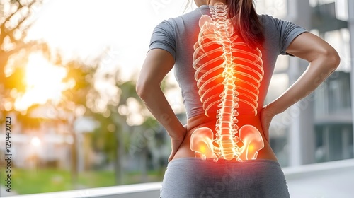 Abstract medical depicting a transparent spine with red glowing discs highlighting herniated disc and muscle inflammation issues