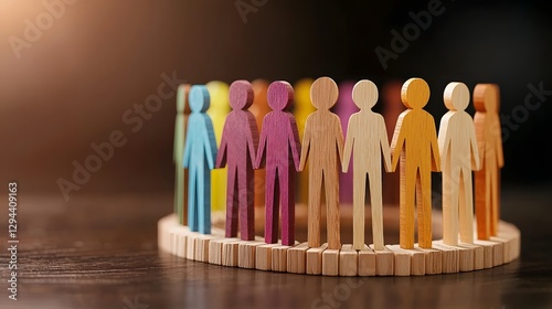 Obraz na płótnie Abstract representation of inclusion with a circle of wooden human figures standing together in unity and Soft shadows and selective focus highlight the concept of belonging teamwork and community w salonie