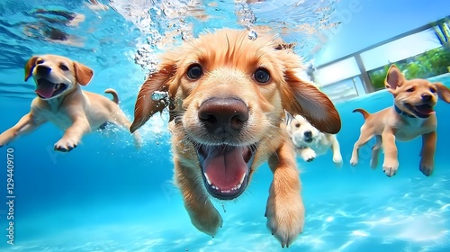 Obraz na płótnie Adorable puppies excitedly diving swimming and frolicking underwater showcasing their energetic and spirited summer playtime and bonding moments in a refreshing aquatic setting w salonie