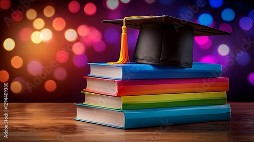 Obraz na płótnie and symbolic shot of a graduation cap and stack of colorful books representing the vibrant diversity and representation of the LGBTQ community in the field of education and academia w salonie