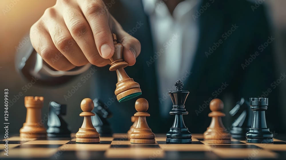Businessman Standing Behind Glowing Dynamic Chessboard Planning His Next Move to Symbolize Teamwork Corporate Leadership and Strategic Success