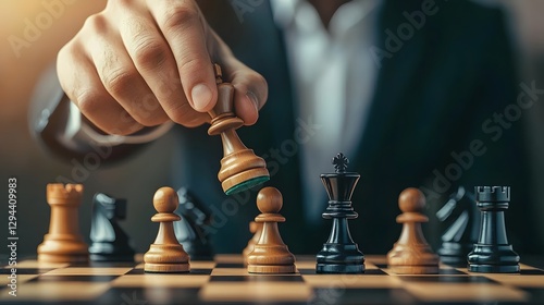 Obraz na płótnie Businessman Standing Behind Glowing Dynamic Chessboard Planning His Next Move to Symbolize Teamwork Corporate Leadership and Strategic Success w salonie