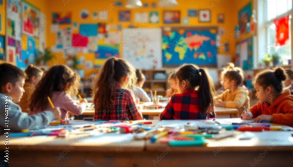 Fototapeta premium Classroom view from the back of students kids teenagers sitting in desks around tables in colorful rooms with chalkboards and posters