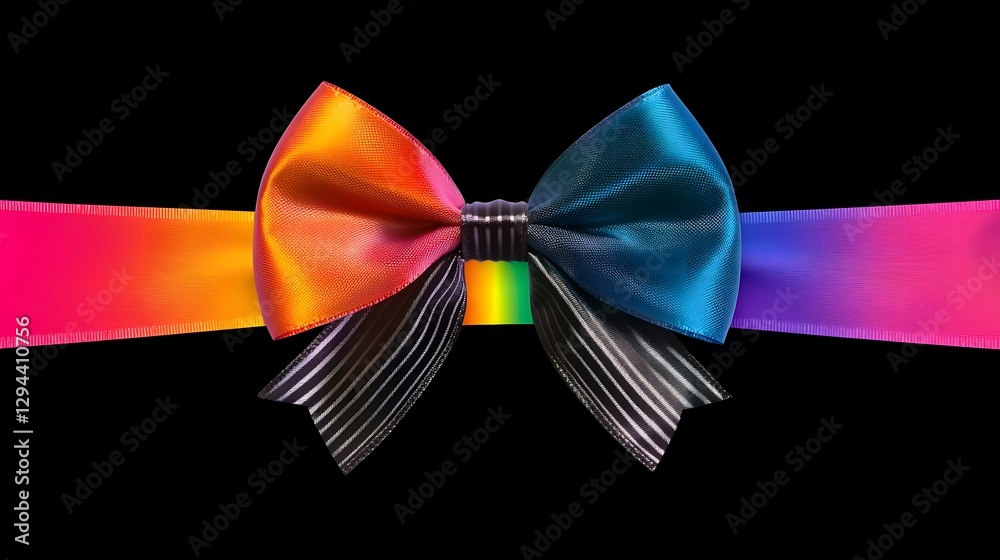 Charming and festive rainbow bow with a polished satin finish perfectly looped and elegantly placed on a transparent background ideal for creative and celebratory themes such as gifts wrapping
