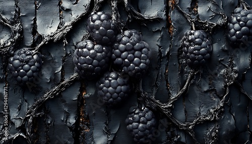 Blackberries rest on a darkened and weathered tree bark background