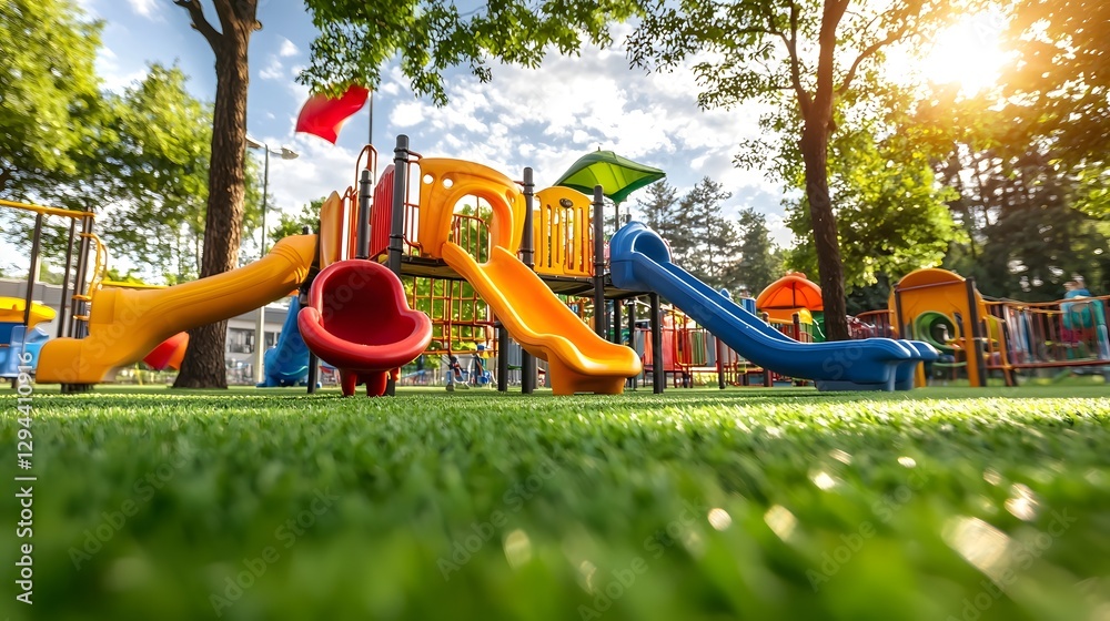 Cheerful and vibrant playground equipment with colorful slides swings and climbing structures surrounded by lush green trees and turf