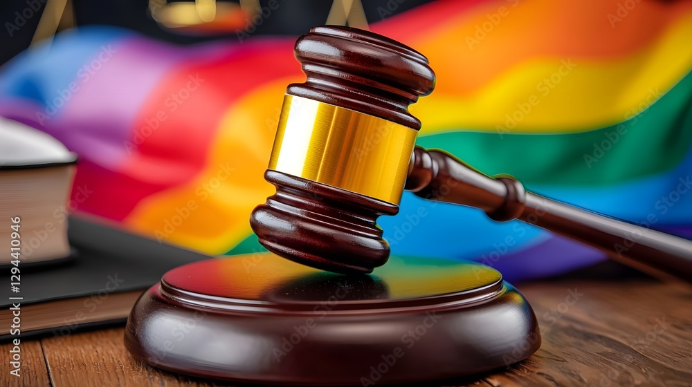 Close up image of a judge s gavel placed firmly on a vibrant rainbow flag representing the legal protection human rights and the ongoing fight for and inclusion within the justice system