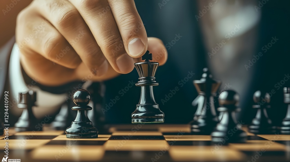 Close up image of a businessman s hand confidently placing the king chess piece on a game board symbolizing victory leadership and smart decision making in business strategy and competition