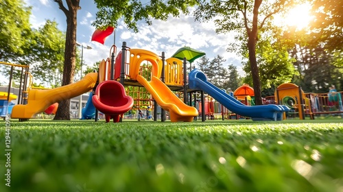 Obraz na płótnie Cheerful and vibrant playground equipment with colorful slides swings and climbing structures surrounded by lush green trees and turf w salonie