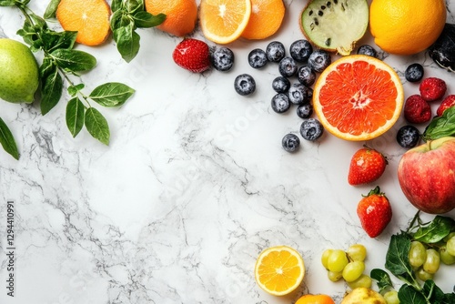 a vibrant arrangement of fresh fruits including oranges, strawberries, blueberries, and grapefruit, with lush green leaves. perfect for showcasing healthy eating and natural goodness