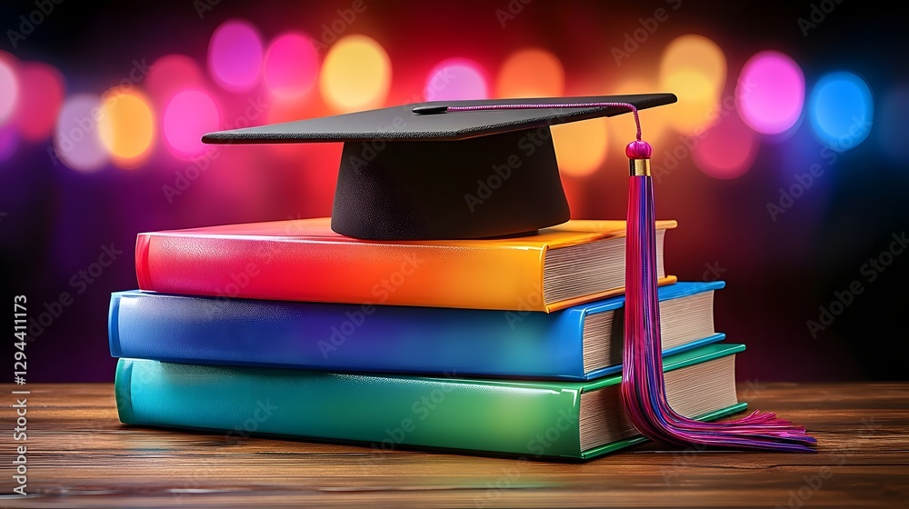 Close up of a stack of colorful books in a rainbow gradient arranged elegantly on a wooden table with a graduation cap resting on top