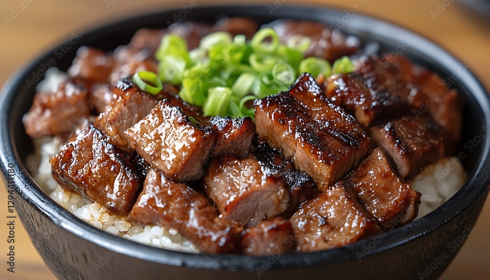 Delicious Grilled Beef Cubes Served Over Rice with Scallions Delicious Grilled Beef Cubes Served Over Rice with Scallions
