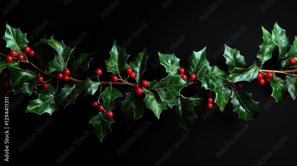 Fototapeta premium Holly branch with red berries on dark background
