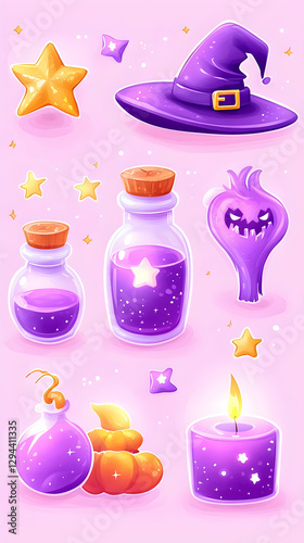 Cute Halloween Potion Stickers on Pink Background