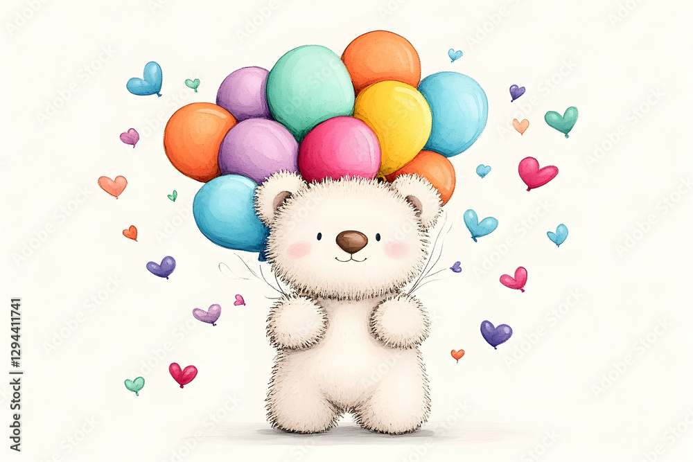 Obraz premium Cute polar bear holding colorful balloons amidst hearts