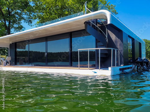 Contemporary floating  house on the lake