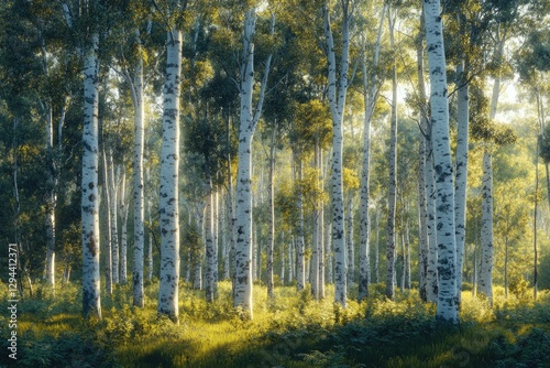 Sunlit birch forest, tall trees with white bark, lush green undergrowth.