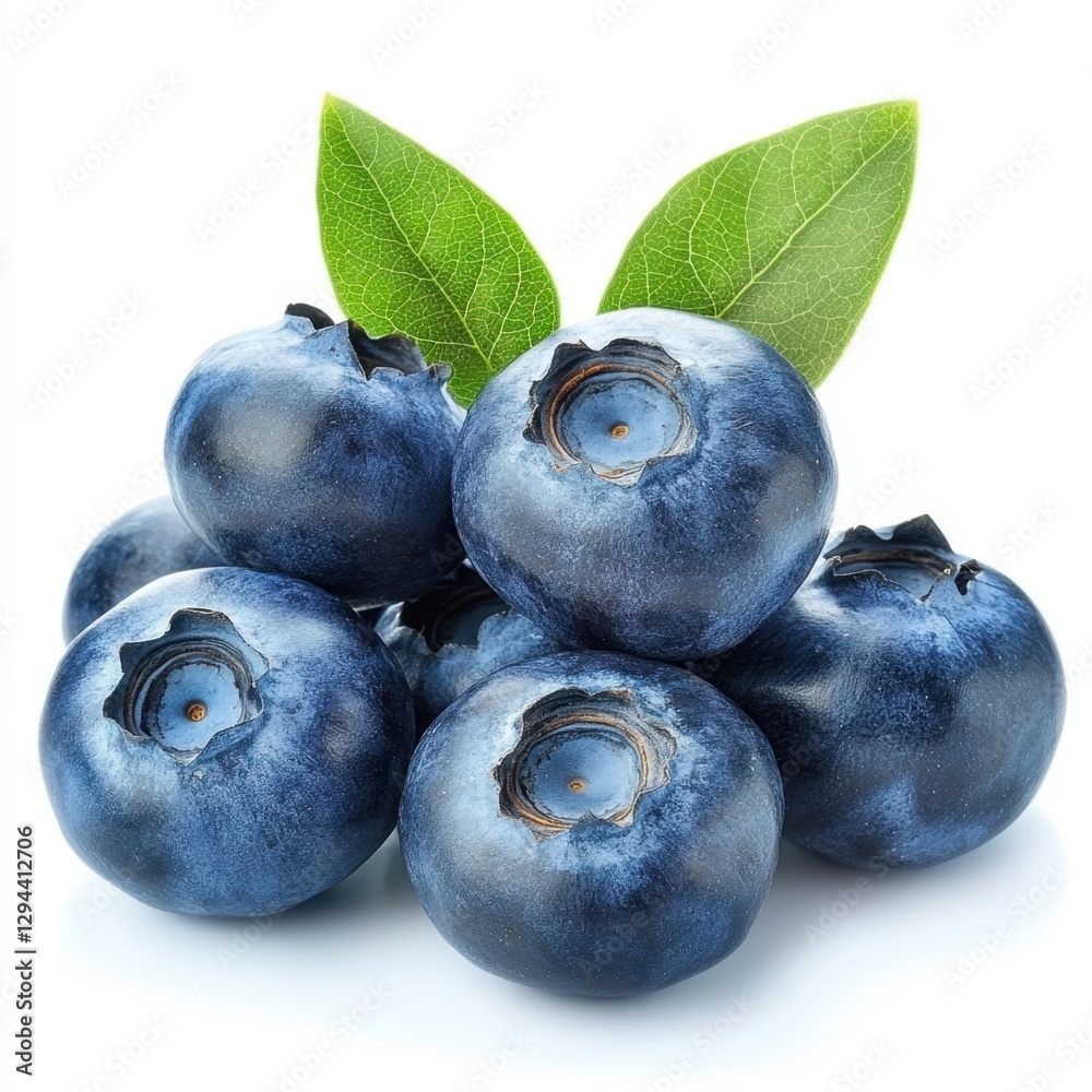 Obraz premium Captivating close up of fresh blueberries with vibrant green leaves against a clean white background showcasing natural detail