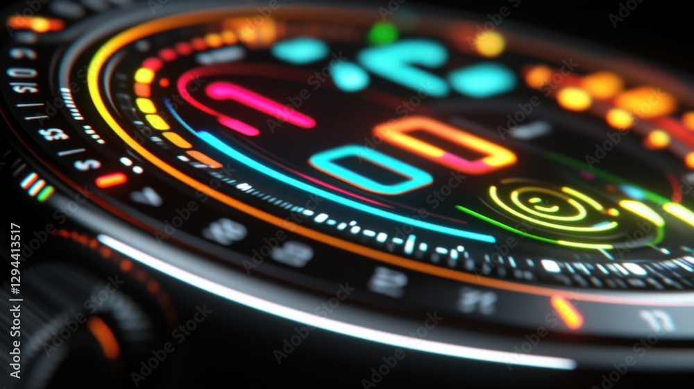 Obraz premium Close-Up View of a Vibrant Digital Watch Display with Colorful Icons