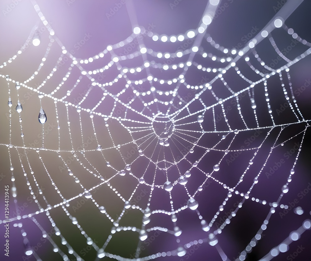 Naklejka premium Close-up of a delicate spider web covered in dewdrops, set against a soft, blurred purple background, evoking a serene, ethereal feeling.