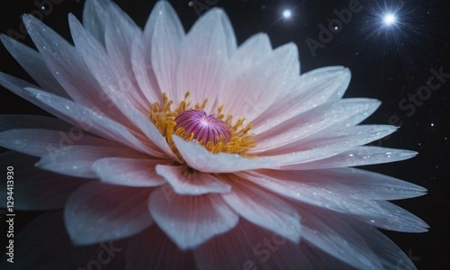 A luminous flower with white-pink petals and a deep pink-lavender core, glows against a dark, textured background speckled with starlight, creating an ethereal and serene composition photo